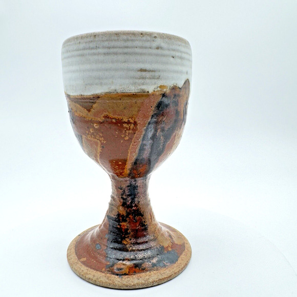 Studio Art Pottery Goblet Chalice Cup Textured Brown Black Stoneware Signed #1 - Picture 3 of 11